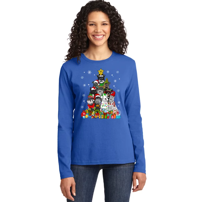 Christmas Tree Lights Schnauzer Dog Lover Xmas Pajama Great Gift Ladies Long Sleeve Shirt