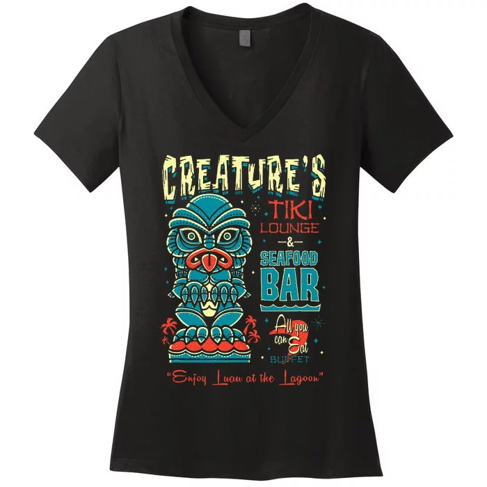 Creature Tiki Lounge Lagoon Retro Hawaii Surf Vacation Women's V-Neck T-Shirt