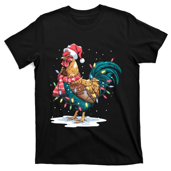 Christmas Tree Lights Rooster Santa Hat Holiday Xmas Gift T-Shirt