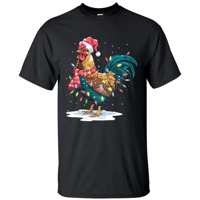 Christmas Tree Lights Rooster Santa Hat Holiday Xmas Gift Tall T-Shirt