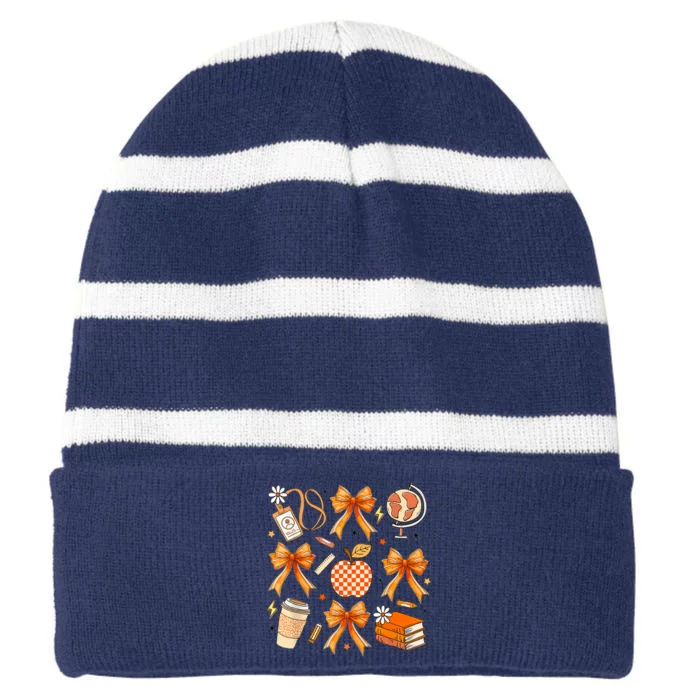 Coquette Teacher Life Football Autumn Fall Book Striped Beanie with Solid Band