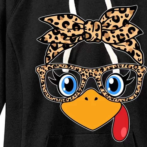 Cute Thanksgiving Leopard Print Bandana Glasses Turkey Girl Women's Fleece Hoodie