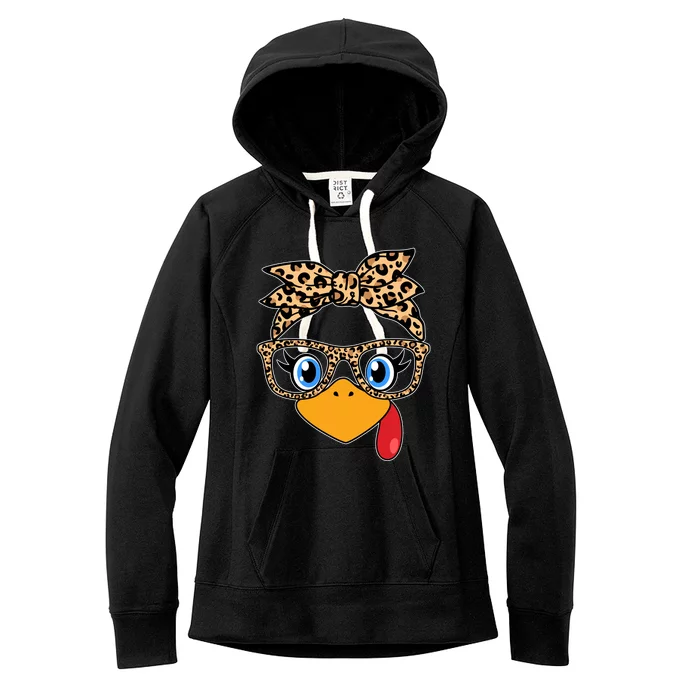 Cute Thanksgiving Leopard Print Bandana Glasses Turkey Girl Women's Fleece Hoodie