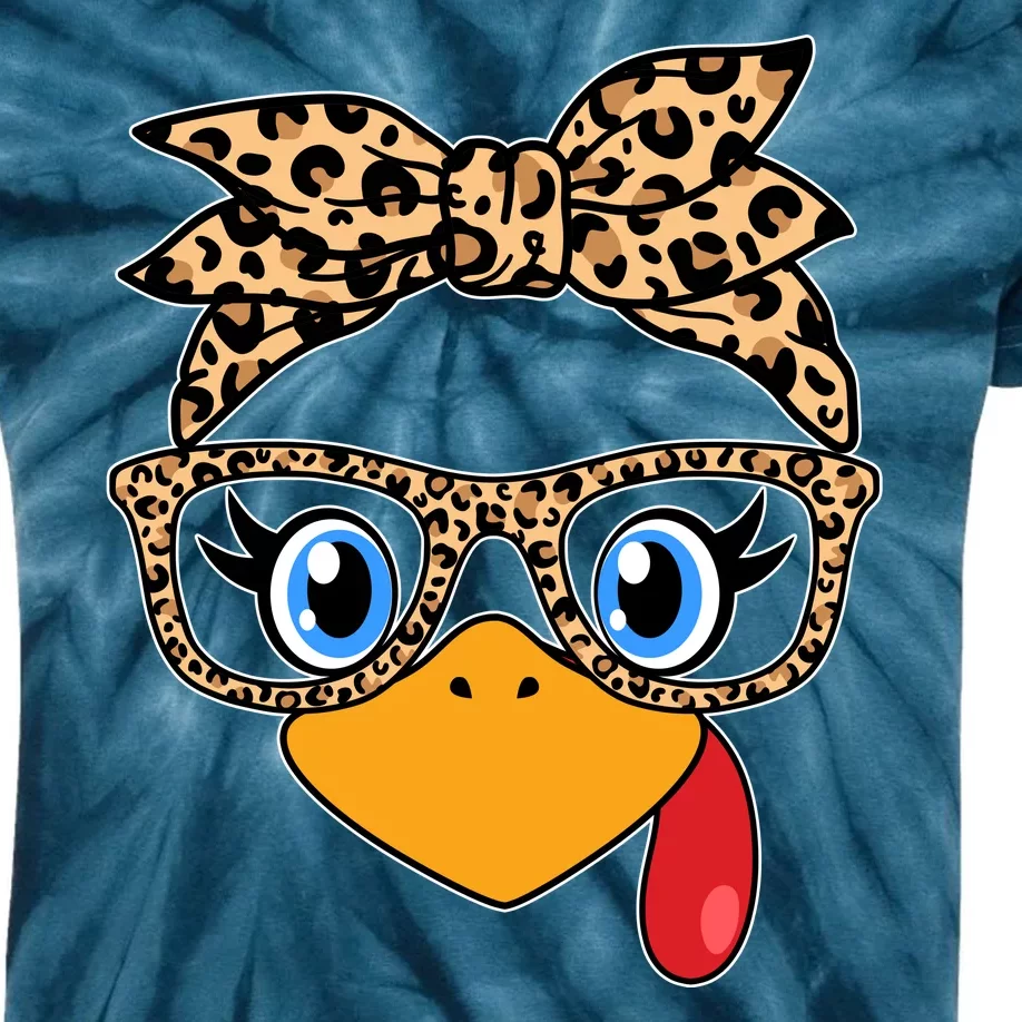 Cute Thanksgiving Leopard Print Bandana Glasses Turkey Girl Kids Tie-Dye T-Shirt