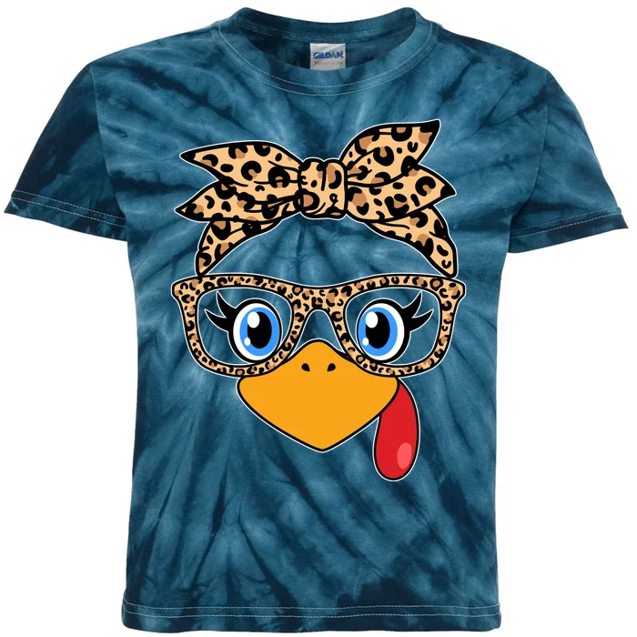 Cute Thanksgiving Leopard Print Bandana Glasses Turkey Girl Kids Tie-Dye T-Shirt