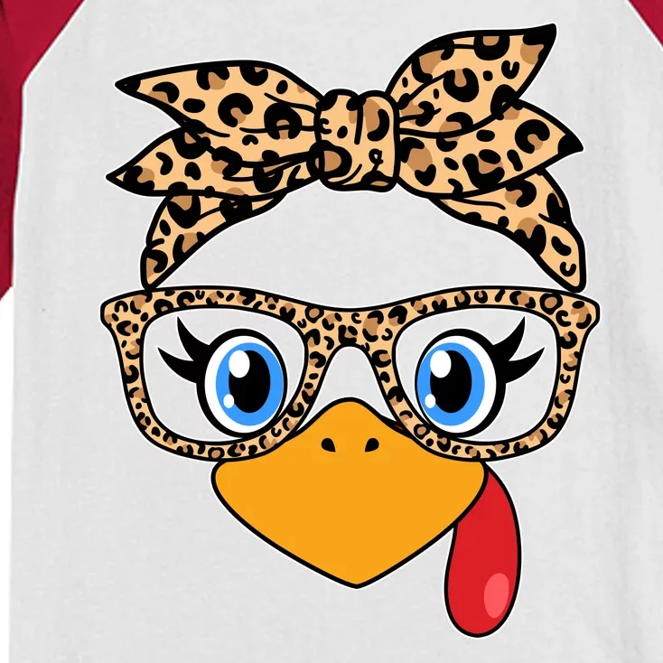 Cute Thanksgiving Leopard Print Bandana Glasses Turkey Girl Kids Colorblock Raglan Jersey