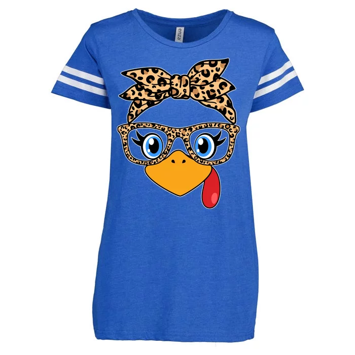 Cute Thanksgiving Leopard Print Bandana Glasses Turkey Girl Enza Ladies Jersey Football T-Shirt