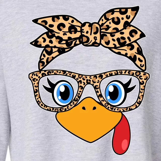 Cute Thanksgiving Leopard Print Bandana Glasses Turkey Girl Cropped Pullover Crew