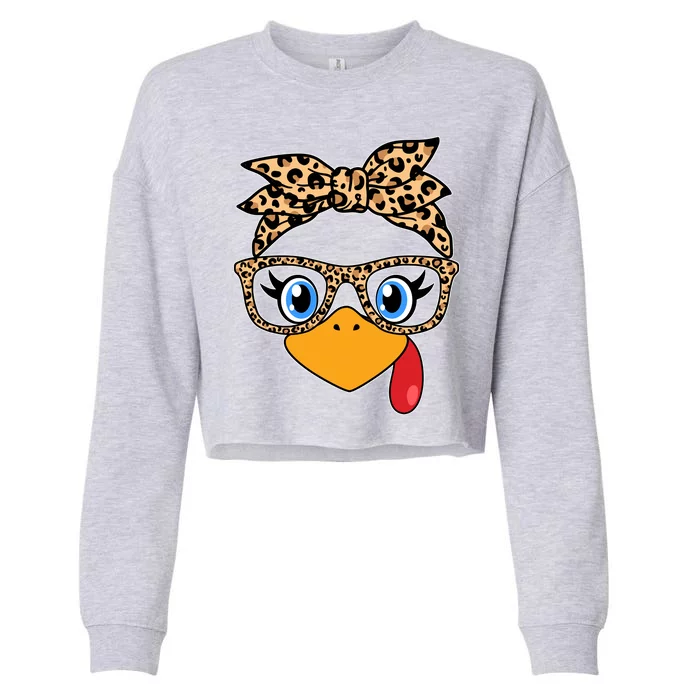 Cute Thanksgiving Leopard Print Bandana Glasses Turkey Girl Cropped Pullover Crew