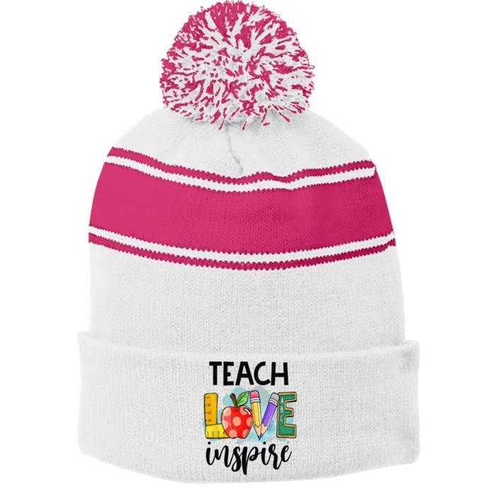 Cute Teach Love And Inspire Graphic Stripe Pom Pom Beanie