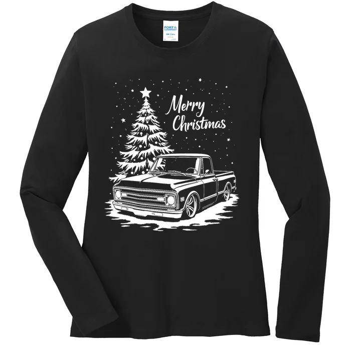 C10 Truck Merry Christmas Vintage Truck Christmas Holiday Tank Top Ladies Long Sleeve Shirt