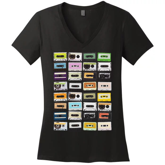 Cassette Tapes Mixtapes 1980s Radio Music Graphic Print Women's V-Neck T-Shirt