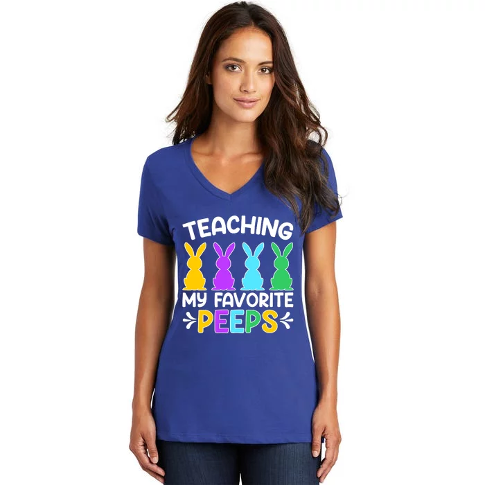 Cute Teaching My Favorite Peeps Happy Easter Day Teacher Women's V-Neck T-Shirt