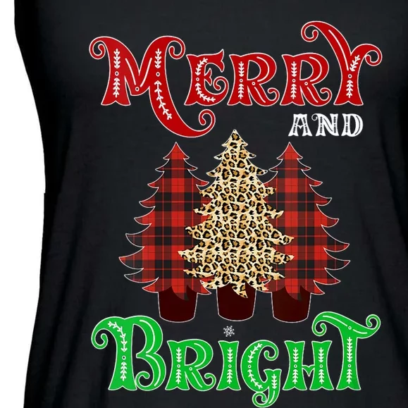 Christmas Trees Merry And Bright Xmas Leopard Buffalo Plaid Vneck Ladies Essential Flowy Tank