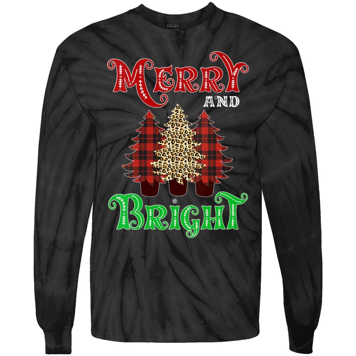 Christmas Trees Merry And Bright Xmas Leopard Buffalo Plaid Vneck Tie-Dye Long Sleeve Shirt