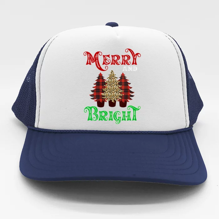 Christmas Trees Merry And Bright Xmas Leopard Buffalo Plaid Vneck Trucker Hat