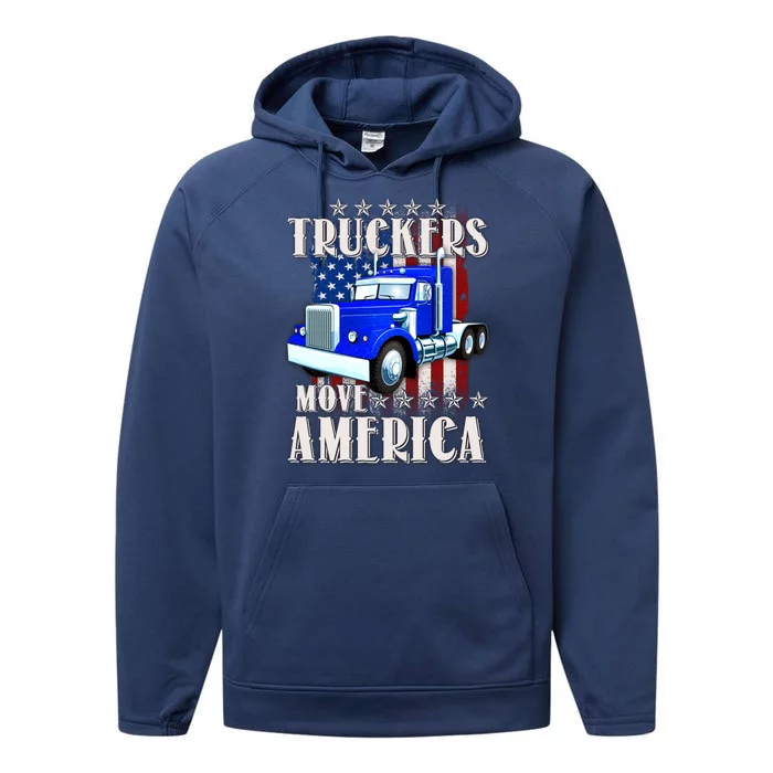 Cool Truckers Move America Semi Truck Distressed Flag Performance Fleece Hoodie