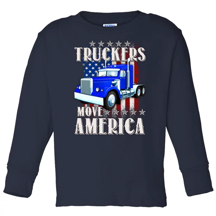 Cool Truckers Move America Semi Truck Distressed Flag Toddler Long Sleeve Shirt