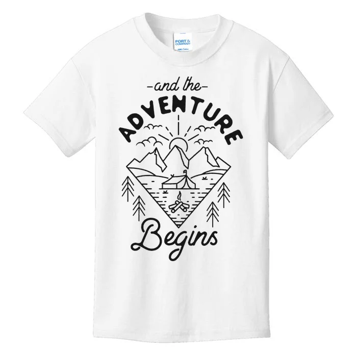 Camping Tent Minimalistic And The Adventure Begins Kids T-Shirt