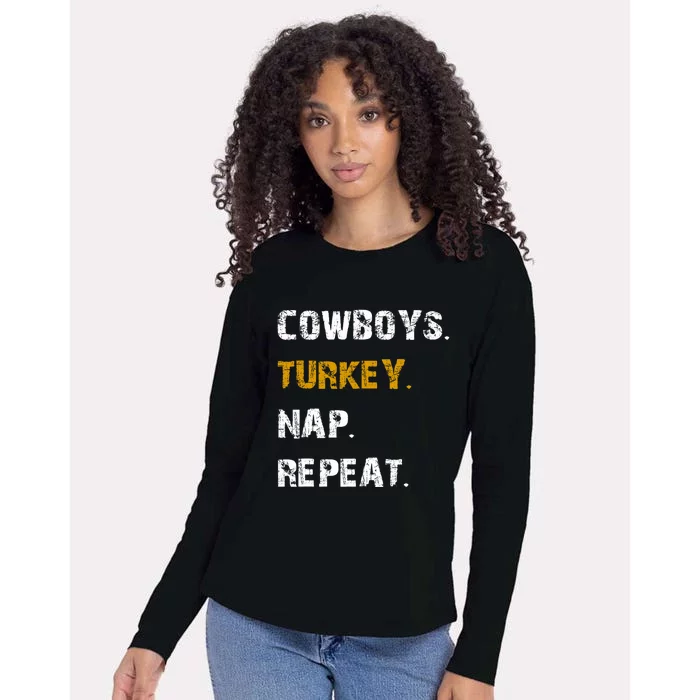 Cowboys Turkey Nap Repeat Thanksgiving Football Womens Cotton Relaxed Long Sleeve T-Shirt