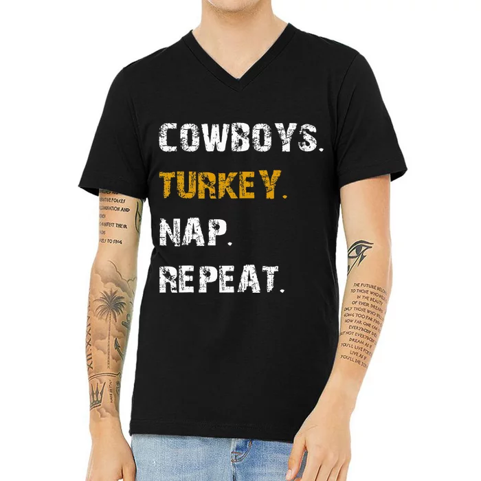 Cowboys Turkey Nap Repeat Thanksgiving Football V-Neck T-Shirt