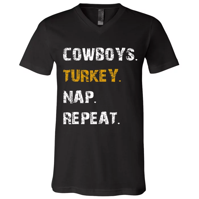 Cowboys Turkey Nap Repeat Thanksgiving Football V-Neck T-Shirt