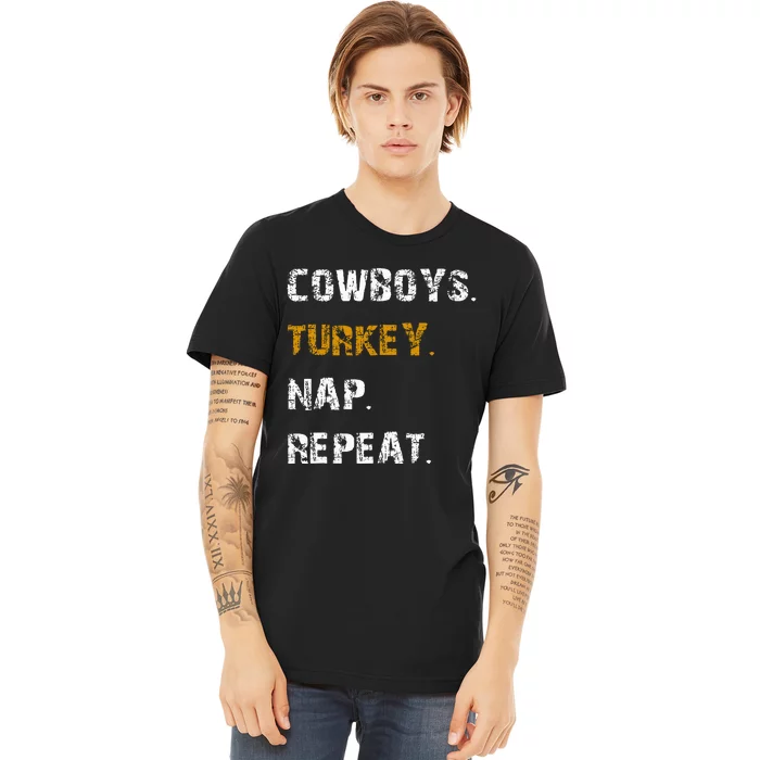 Cow Turkey Nap Repeat Thanksgiving Football Premium T-Shirt