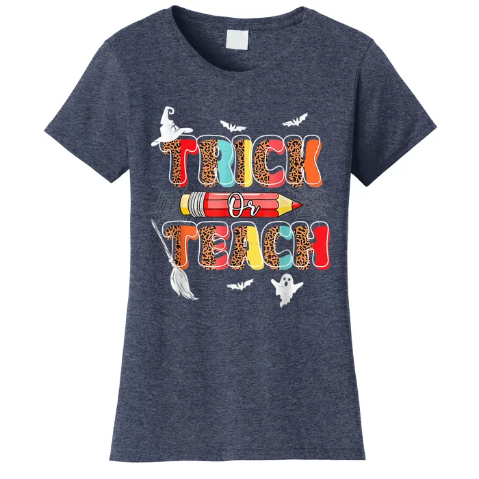 Cute Trick Or Teach Fun Halloween Teacher Leopard Groovy Women's T-Shirt