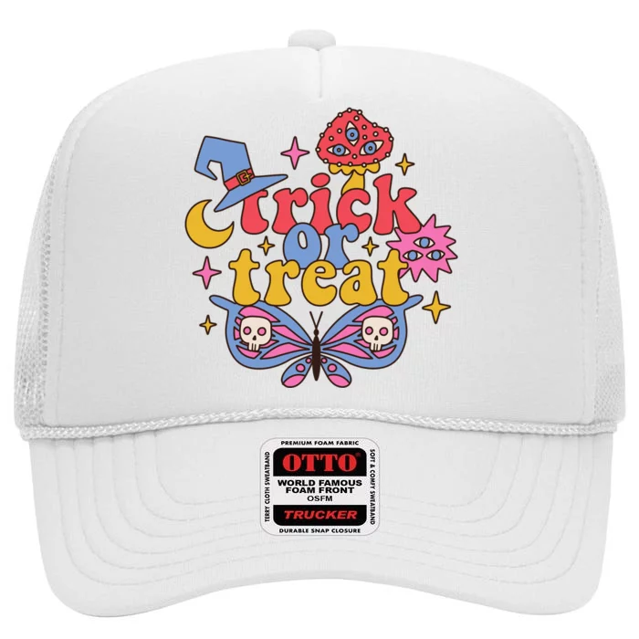 Cute Trick Or Treat Moon Night Butterfly Halloween High Crown Mesh Trucker Hat