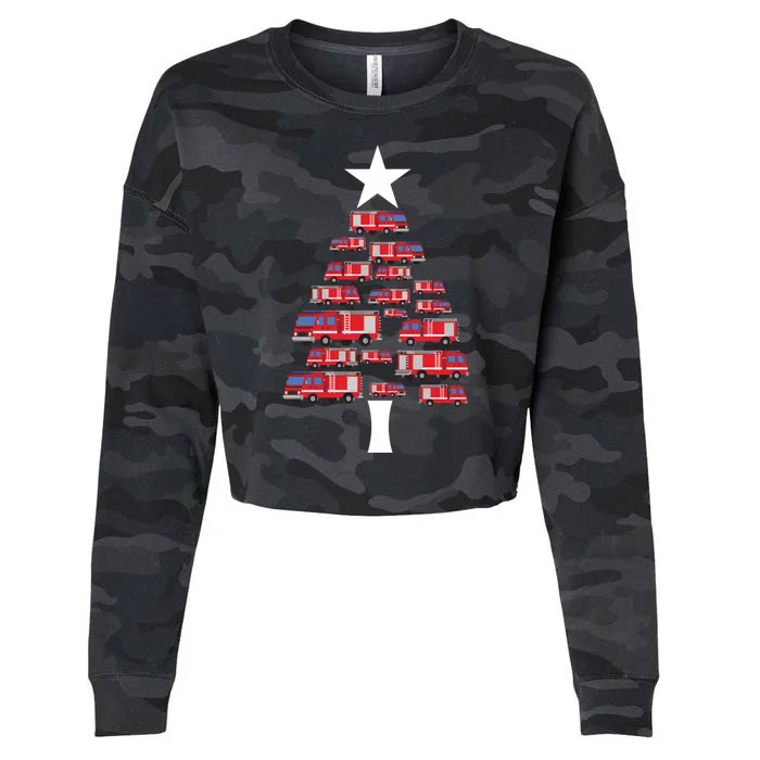 Christmas Tree Out Of Fire Trucks Christmas Boy Kids Cropped Pullover Crew