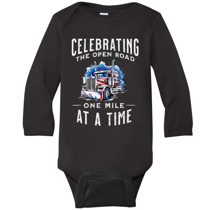 Celebrate The Open Road As A Trucker US Trucking US Flag Baby Long Sleeve Bodysuit