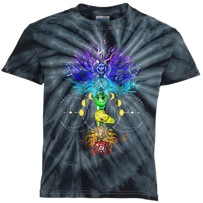 Chakra Tree Of Life With Phases Of The Moon Hatha Yoga Kids Tie-Dye T-Shirt