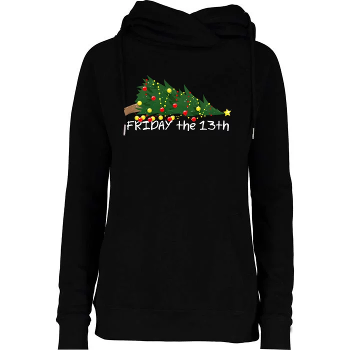 Christmas Tree Ornaments Fallen Over Friday The 13th Womens Funnel Neck Pullover Hood