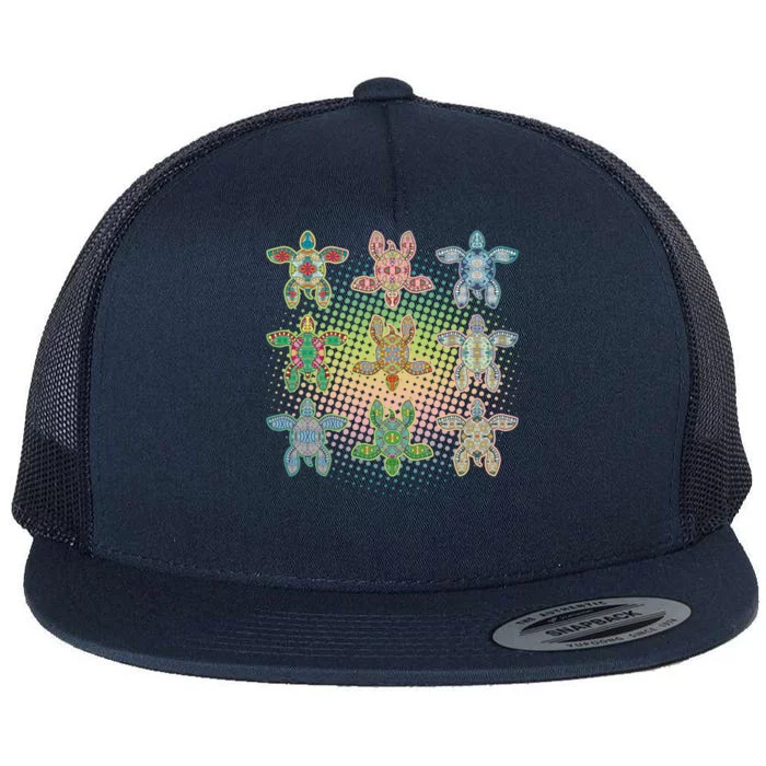 Colorful Tribal Pattern Sea Turtles Flat Bill Trucker Hat