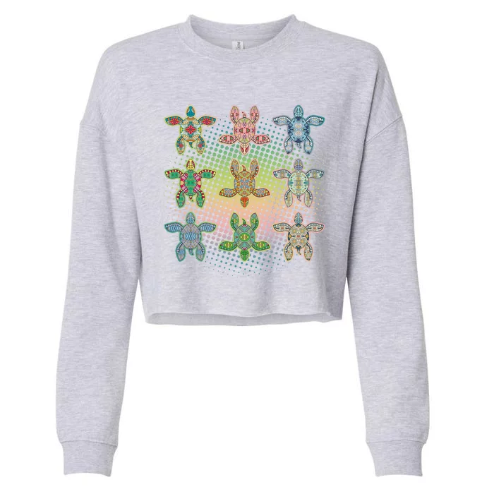 Colorful Tribal Pattern Sea Turtles Cropped Pullover Crew