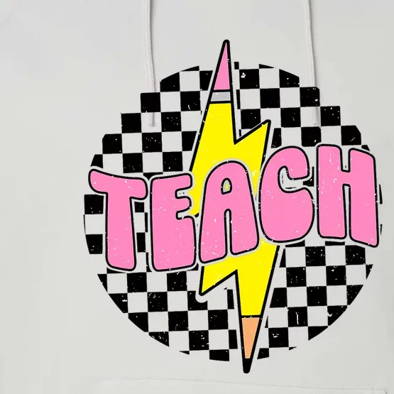 Checkered Teach Pencil Lightning Bolt Back To School Performance Fleece Hoodie