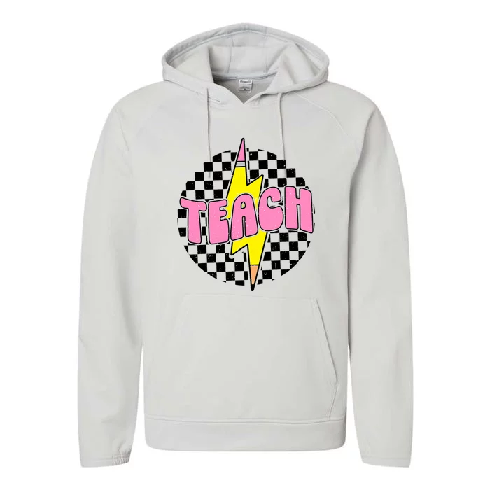 Checkered Teach Pencil Lightning Bolt Back To School Performance Fleece Hoodie