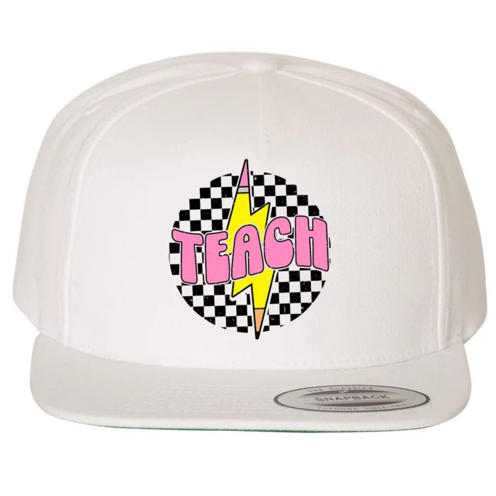 Checkered Teach Pencil Lightning Bolt Back To School Wool Snapback Cap