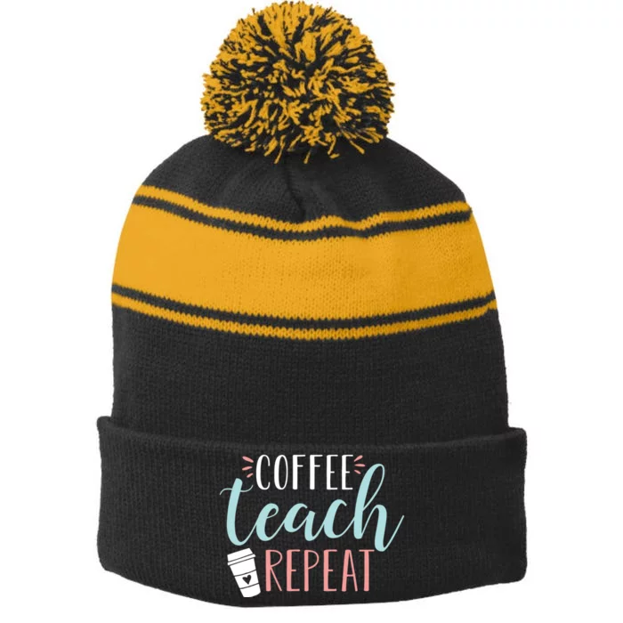 Coffee Teach Repeat - Cute Coffee Lover Teacher Quote Stripe Pom Pom Beanie