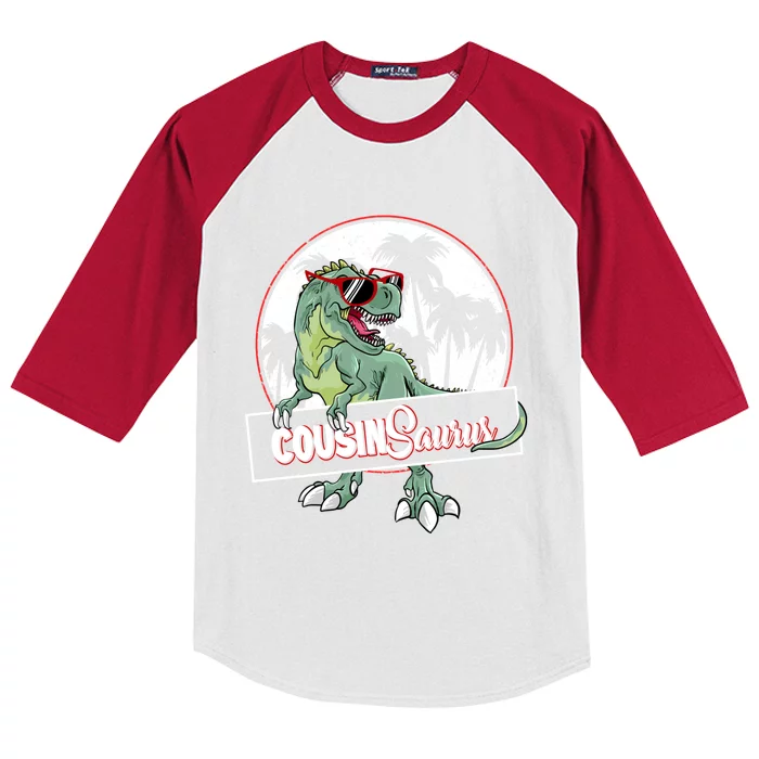 Cousinsaurus T Rex Dinosaur Cousin Saurus Boy Family Gift Kids Colorblock Raglan Jersey