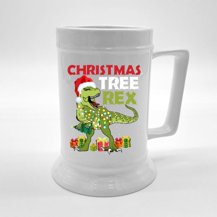 Christmas Tree Rex Trex Dinosaur Gift Front & Back Beer Stein