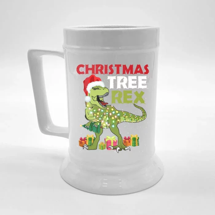 Christmas Tree Rex Trex Dinosaur Gift Front & Back Beer Stein