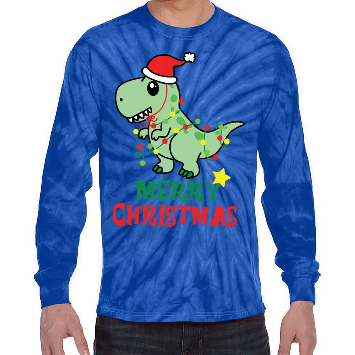 Cute T Rex Merry Christmas Dinosaur Tree Rex Pajama Lights Gift Tie-Dye Long Sleeve Shirt