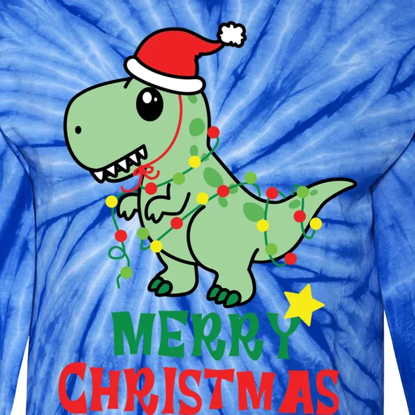 Cute T Rex Merry Christmas Dinosaur Tree Rex Pajama Lights Gift Tie-Dye Long Sleeve Shirt