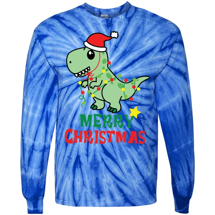 Cute T Rex Merry Christmas Dinosaur Tree Rex Pajama Lights Gift Tie-Dye Long Sleeve Shirt