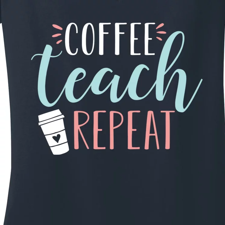 Coffee Teach Repeat - Cute Coffee Lover Teacher Quote Women's V-Neck T-Shirt