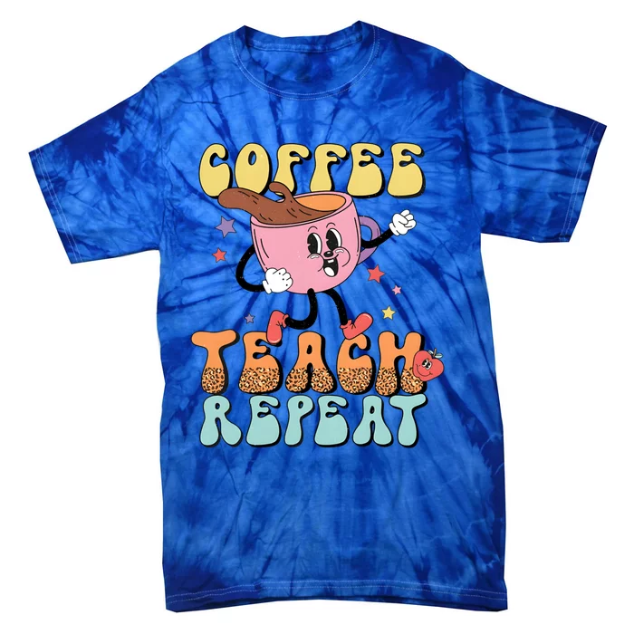 Coffee Teach Repeat Cute Groovy Teacher Retro Leopard Boho Great Gift Tie-Dye T-Shirt