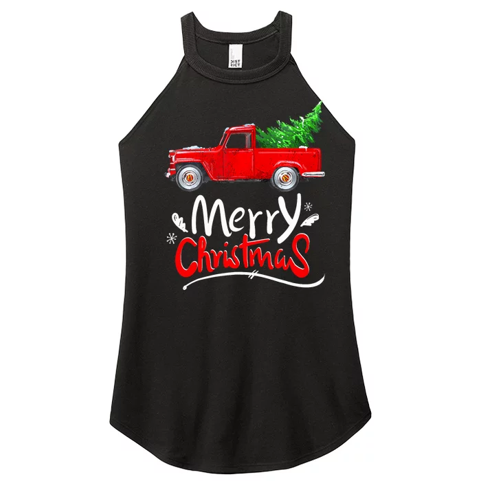 Christmas Tree Red Truck Pajama Vintage Buffalo Plaid Truck Women’s Perfect Tri Rocker Tank