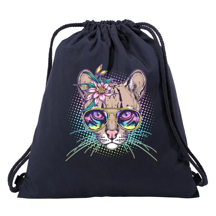 Cute Tropical Rainbow Ocelot Cat Drawstring Bag