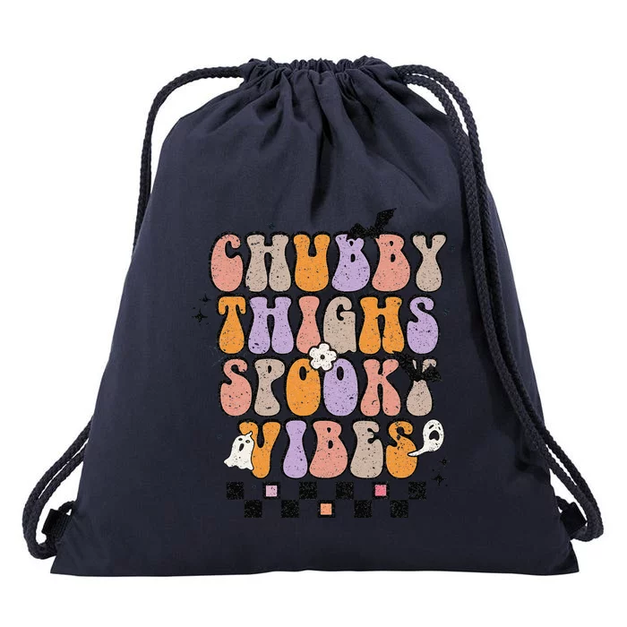 Chubby Thighs Spooky Vibes Halloween Retro Groovy Flower Boo Drawstring Bag